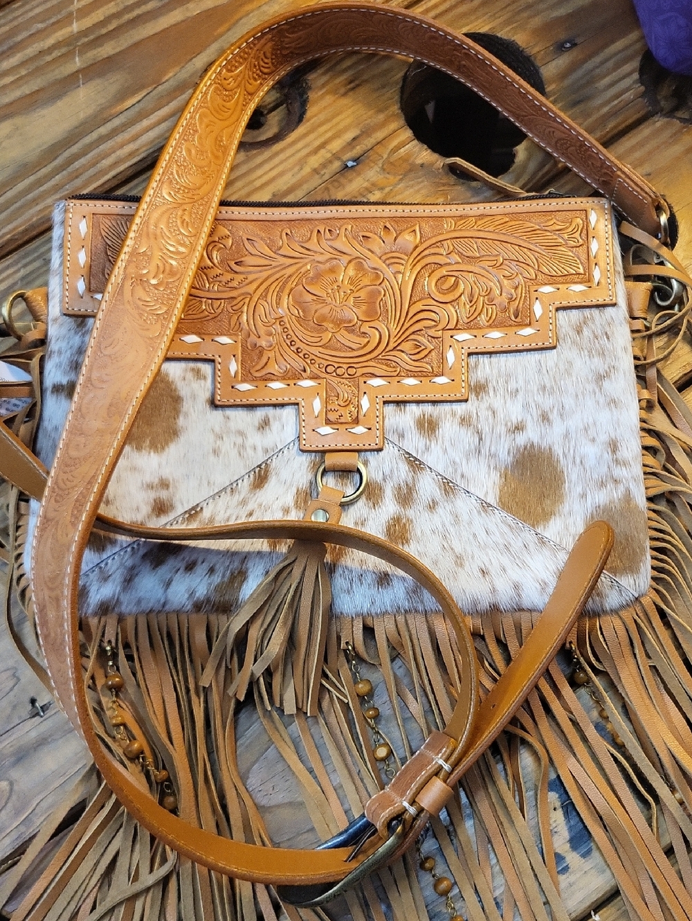 Tooled Leather & Cowhide Fringe Crossbody in Tan